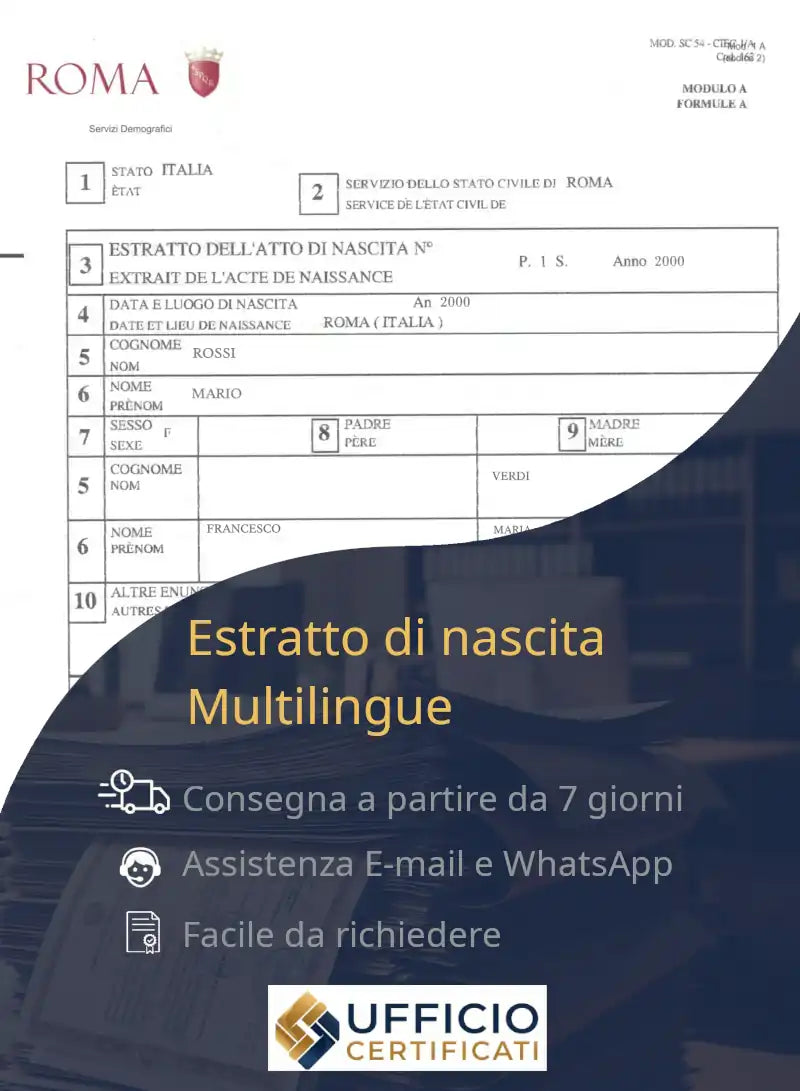 Italian Birth Certificate – Multilingual Extract (Estratto Multilingue di Nascita) issued by an Italian municipality