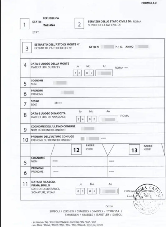 Estratto atto di morte multilingue