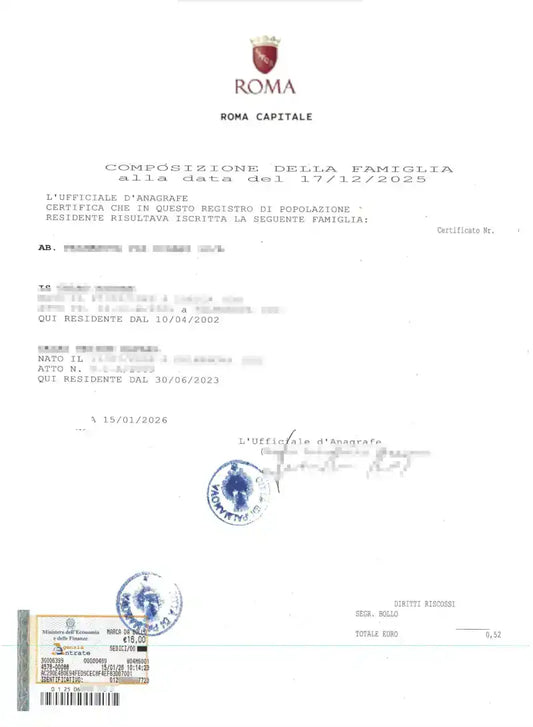 certificato di stato di famiglia storico