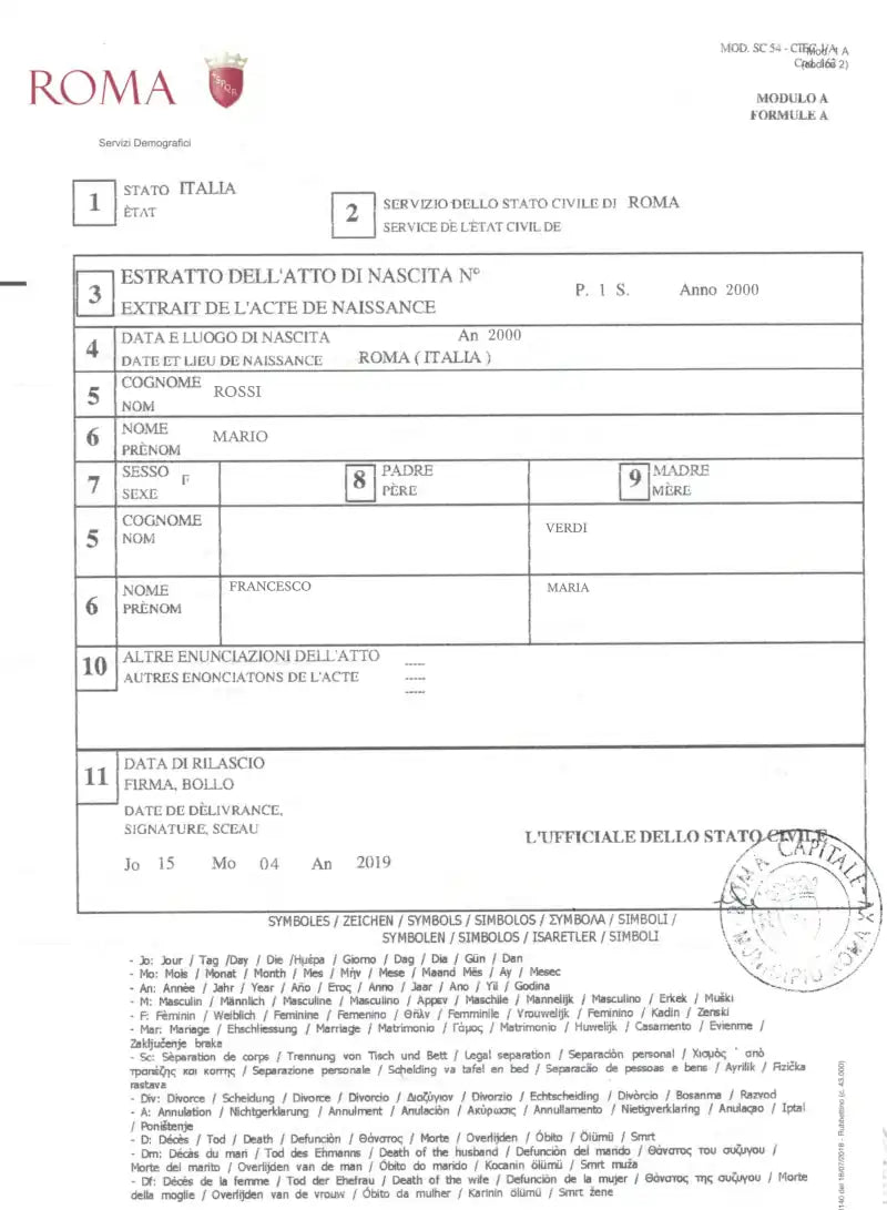 Estratto di nascita Multilingue