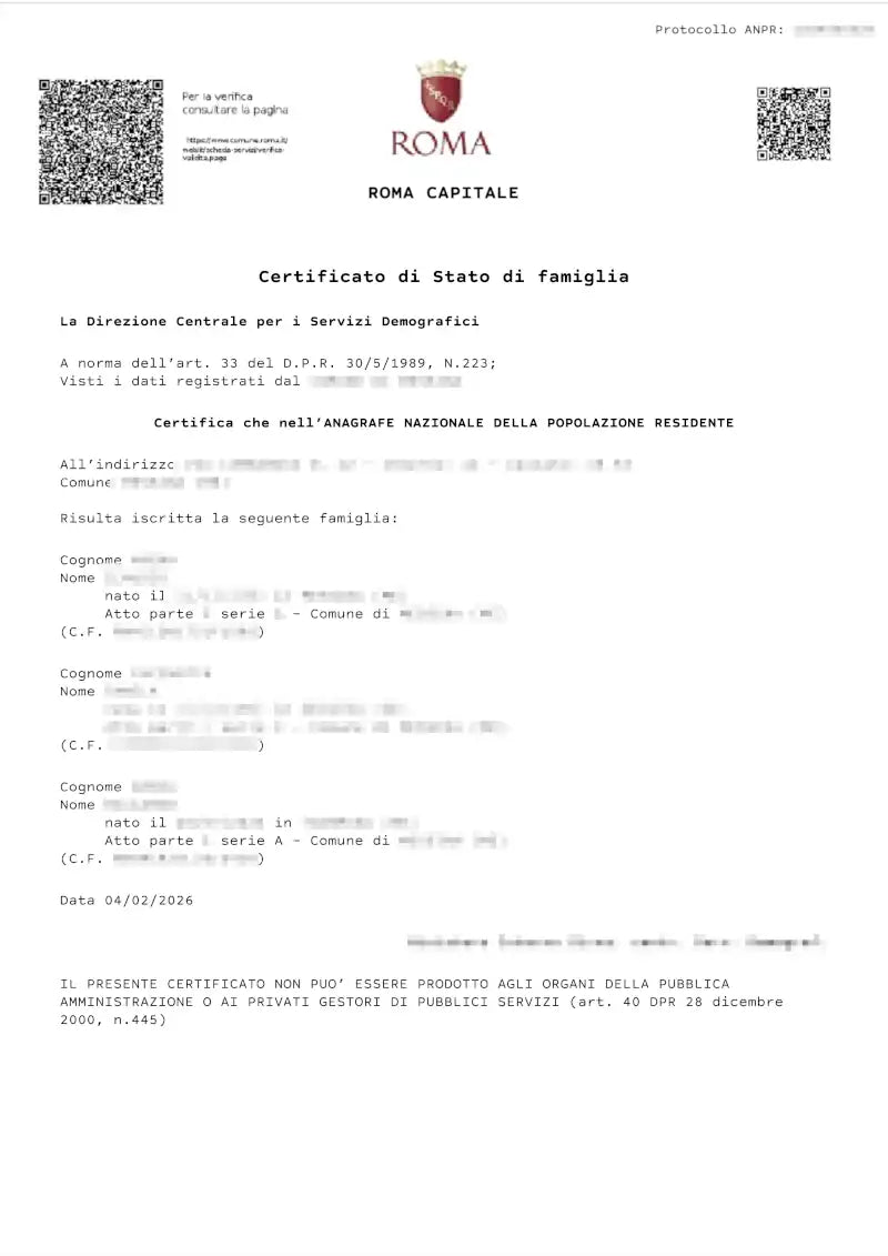 certificato di stato di  famiglia