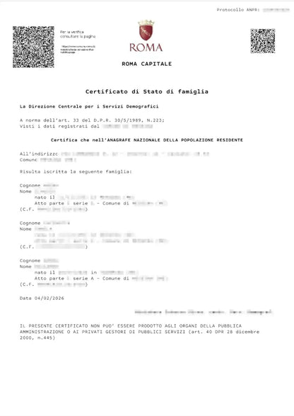 certificato di stato di  famiglia