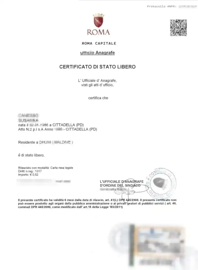 certificato di stato libero