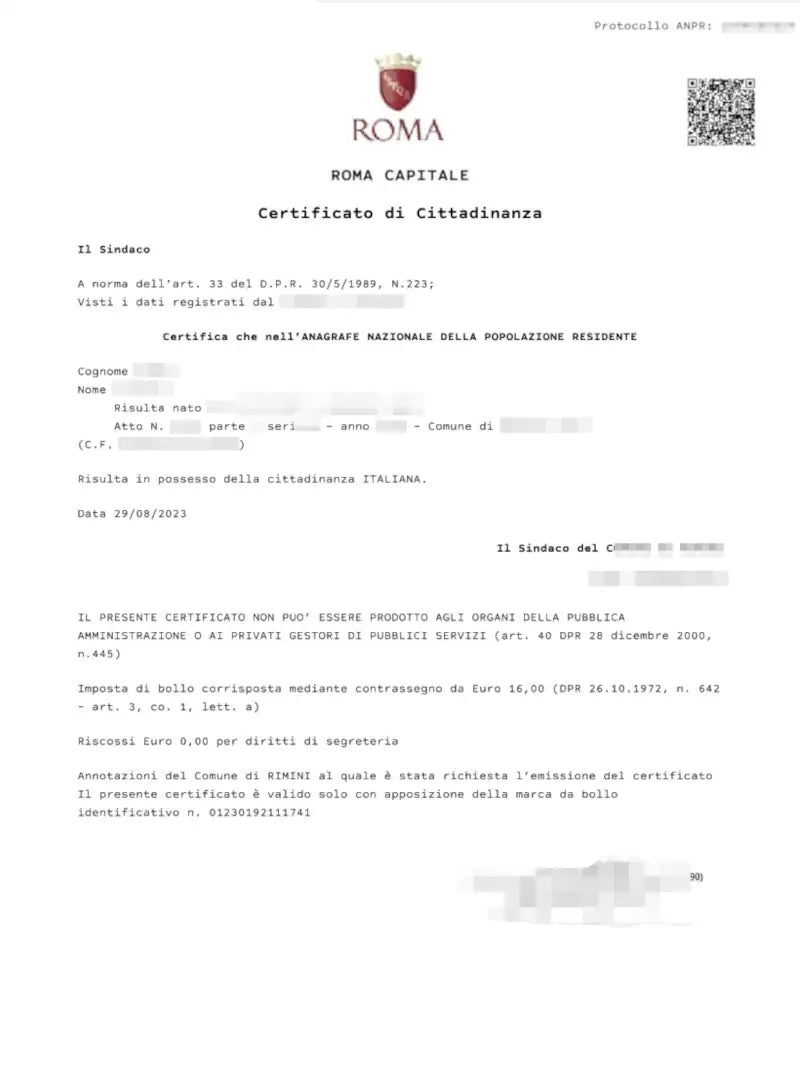 Certificato di cittadinanza