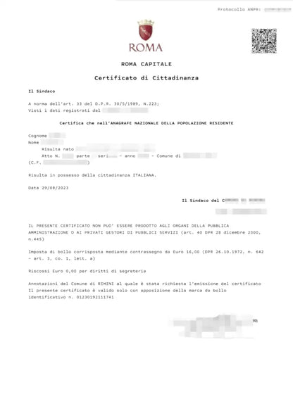 Certificato di cittadinanza