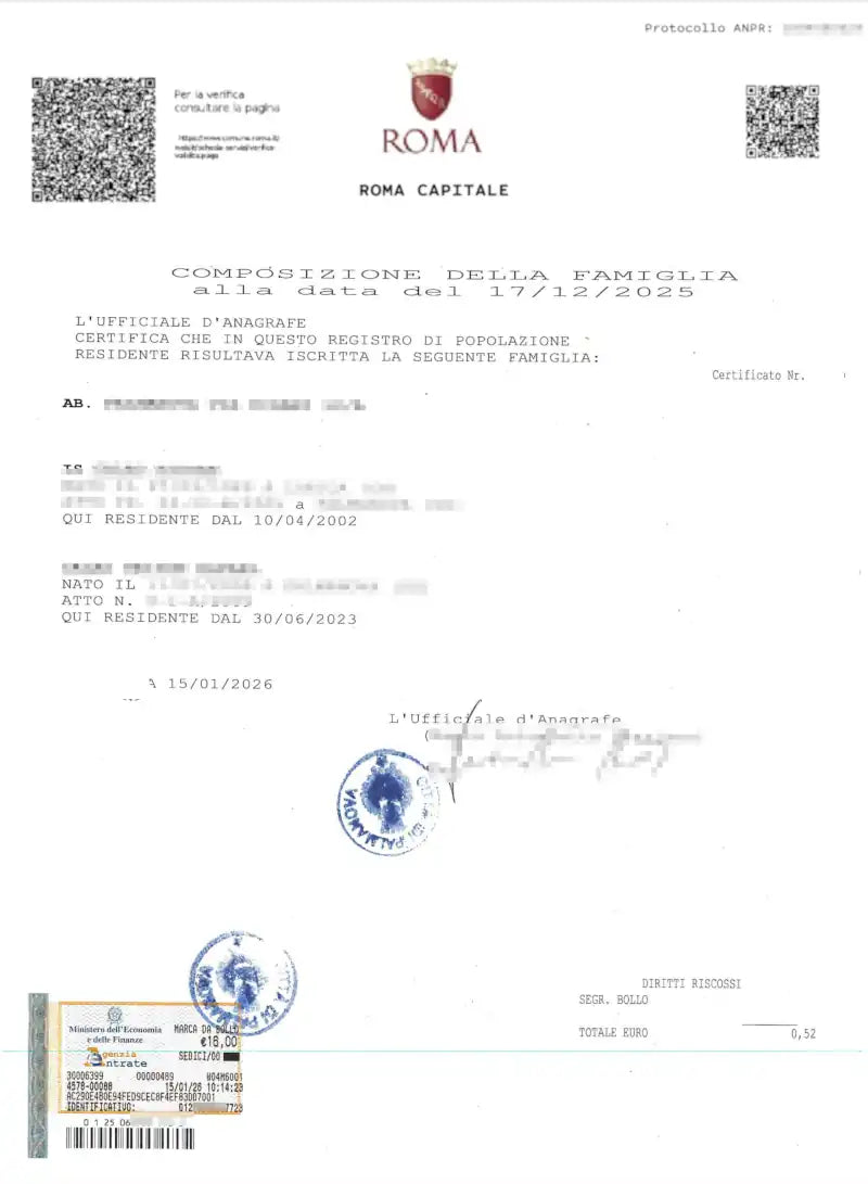 certificato di stato di famiglia storico